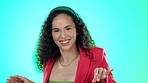 Headphones, music and face of woman dance in studio with good mood, smile and vibes on blue background. Happy, portrait and female dancing to radio, podcast or streaming online track with earphones 