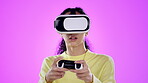 Vr, gaming and woman in 3d metaverse in studio isolated on a purple background mockup. Virtual reality, technology and futuristic experience of person in cyber fantasy to play esports app on internet