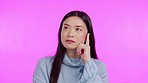 Thinking, face and woman in studio with questions, expression and why emoji on purple background. Idea, asking and female portrait with choice, decision or option, plan or brainstorming solution