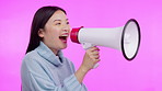 Megaphone, speaker and woman with news or announcement, broadcast and loud voice for communication. Shouting, opinion and freedom of speech with a girl screaming with confidence and revolution