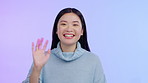 Communication, portrait of asian woman wave hand and against a studio background for welcome gesture. Presentation or announcement, greeting or introduction and female person with emoji sign.