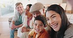 Happy big family, face and selfie on sofa for photo, memory or time together in living room at home. Portrait of parents, grandparents and child smile for picture, weekend holiday and relax on couch