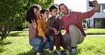 Support, happy family taking a selfie and on lawn of their home together for positivity. Love or care in relationship, quality time or happiness and people with smartphone pose for social media