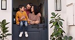 Love, happy and parents talking to their kid by the door of their family house for fresh air. Happiness, smile and young couple speaking, holding and bonding with boy child by modern home together.