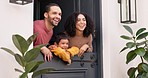 Mother, father and child at door of home enjoying new house for bonding, quality time and trust. Happy family, love and mom, dad and young boy with view of backyard for relaxing, happiness and care