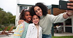 Family, selfie and a mother and children outdoor with a smile, love and care in home backyard. Young latino woman with peace sign and funny face for a picture with happy kids for social media post