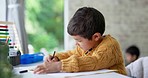 Home, boy and student thinking, writing and inspiration with focus, studying or learning. Child development, kid or notebook for activity, creativity or education in a living room and problem solving