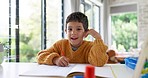 Home learning, education or face of kid in kindergarten studying for knowledge or growth development. Smile, portrait or happy child writing or counting on numbers to study for test in notebook alone