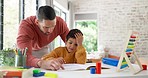 Home learning, father or kid in kindergarten studying for knowledge, education or growth development. Abacus, dad teaching or child writing, working or counting on numbers for math test in notebook