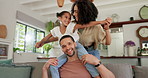 Happy, plane and face of family on sofa for relax, bonding and lounge together. Happiness, love and support with portrait of parents and child in living room at home for free time, care and playful