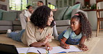 Learning, writing and girl with mother for home education, teaching and language help on living room floor. Relax, family speaking and african child, mom or woman helping, school and homework support