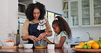 Cooking, tablet and mother with daughter in kitchen for helping, learning and recipe search. Food, health and breakfast with woman and young girl in family home for love, happiness and lunch