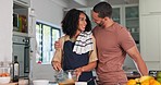 Couple, hug and happy cooking in kitchen for love, care and quality time together at home. Smile, embrace and young man with woman prepare food for lunch meal, dinner and romantic bond in apartment