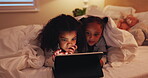 Girls, tablet and kids in bedroom at night, bonding and streaming movie, video or film. Technology, children and sisters on bed, internet and social media for gaming, scroll app and relax in blanket.