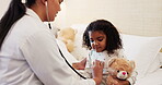 Girl, stethoscope and doctor to check breathing, lungs or pediatrician to listen to heart, chest or health assessment in  hospital. Kid, medical expert and clinic for cardiology or child healthcare 