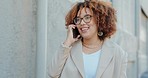 African business woman, phone call and city with conversation, networking and smile in street. Young female entrepreneur, smartphone and happy with chat, negotiation and walking on metro sidewalk