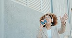 Business woman, headphones and street with singing, dance or freedom with music, phone and city. African female entrepreneur, audio streaming and comic performance with cellphone for mic on sidewalk