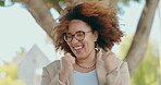 Wow, winner and an excited business woman cheering a promotion, goal or target outdoor in summer. Portrait, yes and motivation with a happy young female employee celebrating success or winning