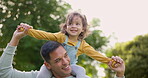 Piggyback, happy and father with child in nature, bonding and having fun. Smile, dad and carrying girl on shoulders, play and enjoying quality family time together outdoor in park with love and care.