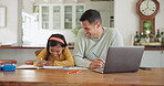 Laptop, elearning and father with girl drawing in book for homeschool. Education, dad and happy child with art for homework, studying and helping, teaching care and development for bonding in house