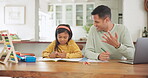 Math, learning and happy father with girl for teaching, study and homeschool. Education, dad and child counting number for homework in book, knowledge and helping with care, bonding and development.