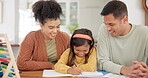 Happy family, learning and parents with girl writing in book for homeschool, math or drawing. Education, father and African mother with child helping with homework, study and teaching for development