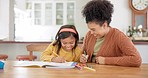 Smile, learning and mother with girl drawing in book for homeschool. Education, mom and happy child with art for homework, studying and helping, teaching care and development for bonding in house.