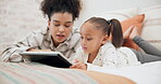 Tablet, elearning and mother with girl in bedroom, education and bonding in home. Tech, happy and African mom with child on bed for streaming movie, video or film on social media to relax together.