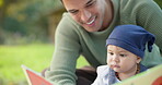 Book, baby and father reading a story and outdoor bonding in a park to support infant in development or growth. Love, care and dad with kid learning or enjoying quality time with a fairytale