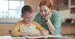 Family, school and a mother helping her son with his homework or to study while learning in the kitchen. Tutor, education and a young boy student distance learning or home schooling with a parent