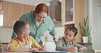 Family, education and a mother helping her children with homework or to study while learning in the kitchen. Tutor, school and young student brothers distance learning or home schooling with a parent