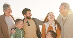 Family, generations and grandparents, parents and children outdoor, love and hug with happiness and sunshine. Support, trust and people in nature with adventure and fresh air, bonding and solidarity