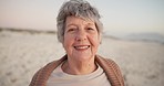 Smile, portrait and senior woman on beach to relax in nature, retirement holiday and freedom. Happiness, ocean vacation and face of retired elderly person on sea sand with summer travel and adventure