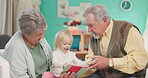 Kid, reading and grandparents with helping at family home for bonding with support for girl. Senior male, grandmother and child with books for education with learning for children at house with love.