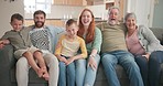 Big family, kids and grandparents with parents, face and sofa with twins, love or smile for bonding in home. Mother, father and senior people in lounge, boy children and happy for portrait in house