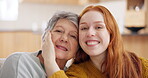 Love, portrait of happy people and smile in living room of their home for support, Happiness or positivity, bonding time or care and family members smiling for healthy relationship at their house