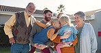 Happy family with grandparents, parents and children in yard of new house, smile and security in home. Mother, father and kids in backyard of property together with grandmother, grandfather and love.