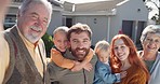 Selfie with grandparents, parents and children in yard of new house, smile and generations at family home. Mom, dad and kids in backyard of property with grandmother, grandfather and love in portrait