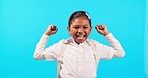 Face, celebration and happy girl child in studio cheering for back to school announcement on blue background. Winner, portrait and female kid student excited by news, coming soon or kindergarten deal