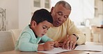 Grandfather, education or child drawing in books for learning development together in family house. Support, homework or grandparent teaching a creative boy or artistic kid writing skills or bonding 