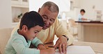 Grandfather, discussion or child drawing in books for learning development together in family house. Support, homework or grandparent teaching a creative boy or happy kid writing skills or bonding