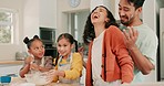 Messy, laughing and a family in the kitchen for baking, teaching cooking or helping with breakfast. Happy, love and parents and children with help to bake, learning and dirty from food preparation