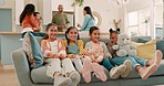 Friends, living room and children on sofa with teddy bear for bonding, quality time and child development. Love, friendship and kids on couch happy, relax and playing on playdate at home together