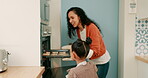 Mother, girl and baking oven for cooking, learning and having fun together while bonding in kitchen. Stove, dough baker and mom with happy child helping to prepare food, cookies and biscuits in home.