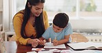 Homework, mother and son with education, discussion and studying with bonding, teaching and learning. Happy mama, kid and female parent with child development, conversation and support in a kitchen