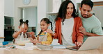 Laptop, recipe and a family baking in the kitchen together with parents teaching their girl children about food. Computer, love or bonding with kids learning how to cook from a mother and father
