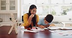 Homework, mother and son with education, talking and studying with communication, bonding and learning. Mama, kid and female person with student, conversation and knowledge with support in a kitchen