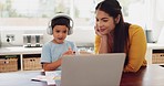 Mom, laptop or child elearning for education, child development or knowledge in online class at home. Wave, mother or happy kindergarten boy student in an assessment test or studying on video call 