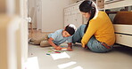 Learning, drawing and mother with child on floor for teaching, studying and knowledge. Education, art and mom with creative kid for homeschool, homework and development, bonding and care in house.