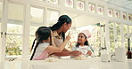 Baking, dough and a mother teaching her daughters about cooking in the home kitchen together. Pastry, children or family with a girl sisters learning about food from from a woman parent in the house